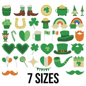 Puede incluir: Una colección de ilustraciones temáticas del Día de San Patricio, que incluyen una olla de oro, tréboles, un duende, un arcoíris y un sombrero de copa verde. El texto "7 TAMAÑOS" se muestra debajo.