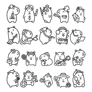 Peut inclure: Une collection de vingt illustrations en noir et blanc au trait représentant des capybaras dans divers rôles professionnels, notamment médecin, policier, enseignant, chef cuisinier, parent, agent d'entretien, pompier, ouvrier, DJ et employé de bureau.