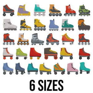 May include: A collection of colorful roller skates in various designs and colors, including red, blue, yellow, and green. The image displays multiple pairs of skates, each with a unique color scheme and style. The text "6 SIZES" is displayed at the bottom.