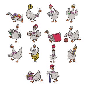 May include: A collection of embroidered goose designs, each with unique accessories. One goose wears a backpack, another a beret and holds a paintbrush, and another balances an apple on its head. The geese are gray with pink bow ties.