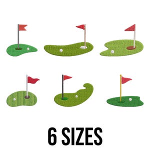 Puede incluir: Diseños bordados de campos de golf con parches de hierba verde, banderas rojas y pelotas de golf blancas. La imagen incluye seis diseños diferentes y el texto "6 SIZES" en negro.
