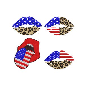 Könnte beinhalten: Vier stilisierte Lippen-Designs. Zwei Lippen zeigen ein blaues Sternmuster und einen Leoparden-Print. Eine hat ein rot-weiß gestreiftes Muster. Das vierte Design hat eine rote Lippe mit einer Zunge.