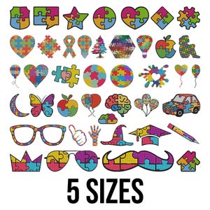 Könnte beinhalten: Eine Sammlung farbenfroher Puzzleteil-Designs in verschiedenen Formen, darunter Herzen, Sterne und Brillen. Der Text "5 SIZES" ist darunter zu sehen. Diese Designs beziehen sich wahrscheinlich auf das Bewusstsein für Autismus.