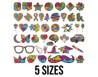 Autismus Bewusstsein Puzzleteil Set Stickdatei - Autismus Puzzleteile Herz Schmetterling Band Maschinenstickerei Designdateien - 5 Größen