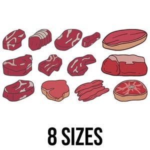 May include: An illustration of various cuts of raw red meat, including steaks and roasts, with tan outlines. The text "8 SIZES" is displayed in black, indicating the availability of different sizes or options for the meat cuts.