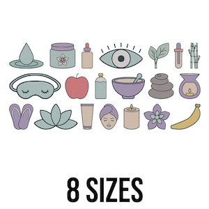 May include: A collection of spa and wellness icons in a minimalist style. The image includes a water drop, jar, eye, leaves, eye mask, apple, bottle, bowl, stones, oil burner, flip-flops, lotus flower, lotion, face, candle, flower, and banana. Text reads "8 SIZES."