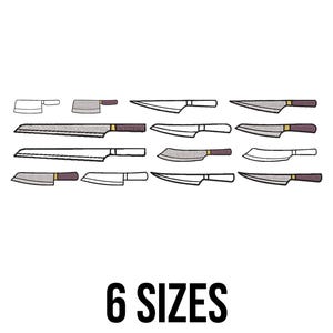 May include: An illustration of various kitchen knives in different shapes and sizes, with wooden handles. The image displays a variety of blades, including cleavers, paring knives, and chef's knives. The text "6 SIZES" is displayed below the knives.