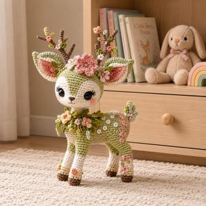 Puede incluir: Una figura de ciervo tejida a ganchillo con cuerpo verde claro y manchas blancas, ojos grandes y oscuros, y orejas largas con centros rosas. El ciervo tiene astas marrones adornadas con pequeñas flores rosas y blancas, y un collar floral.