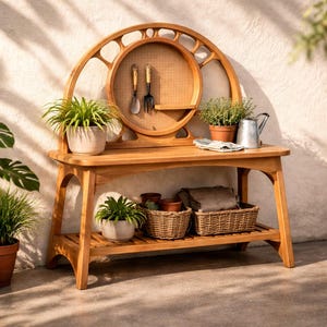 May include: Wooden potting bench with a circular back featuring a woven center and arched top. The bench has a lower shelf and holds potted plants, gardening tools, and woven baskets. A metal watering can sits on the tabletop.