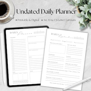 Utskrivbar daglig planerare, reflektionsmall, odaterade planeringsinlägg, timschema, A4/A5/Letter pdf