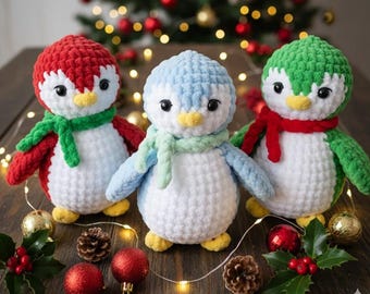 かぎ針編みのペンギンのパターン、ペンギンの編みぐるみ、クリスマスのぬいぐるみのかぎ針編み、冬の動物人形のPDFチュートリアル、手作りギフト