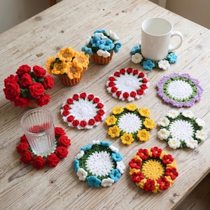 Patrón de posavasos florales de hilo a crochet, patrón de posavasos de flores en PDF, portavasos redondo de flores hecho a mano, regalos de amor floral, maceta de flores a crochet