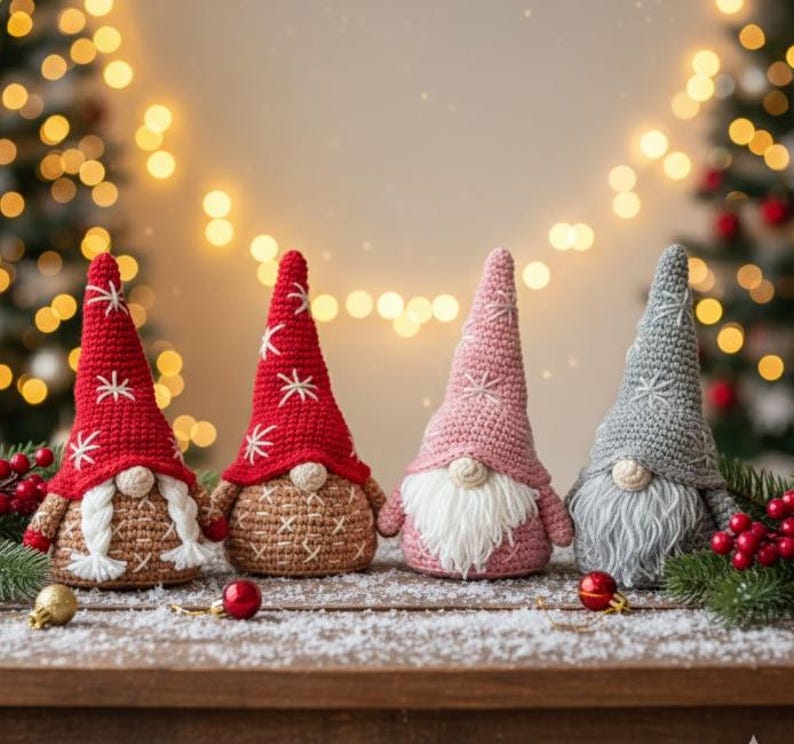 May include: Four handmade crochet gnomes with long pointed hats and white beards. The gnomes are in red, pink, and gray colors, with white snowflake accents on their hats. They are arranged on a wooden surface with Christmas lights in the background.