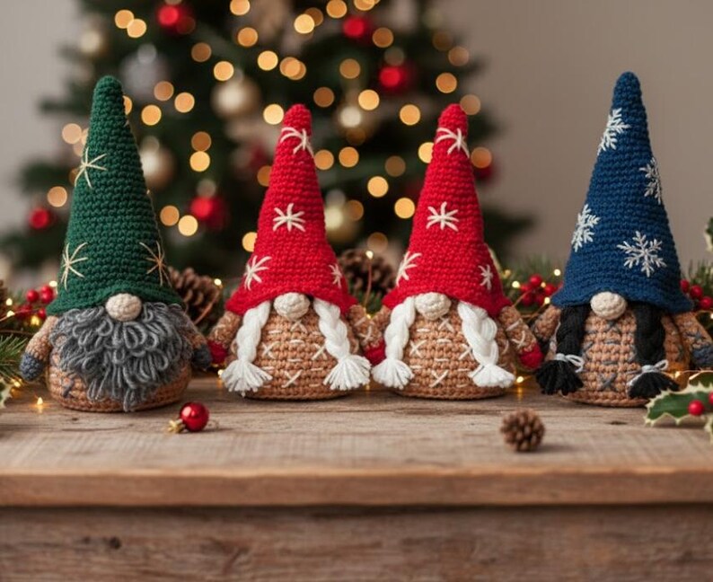 May include: Four handmade Christmas gnomes with crochet bodies and pointed hats. The hats are green, red, and blue, adorned with white snowflake and star patterns. The gnomes have long white or black braids and gray beards, set on a wooden surface.