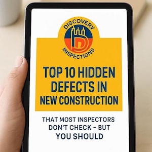 May include: A tablet displays the text "TOP 10 HIDDEN DEFECTS IN NEW CONSTRUCTION" with the "Discovery Inspections" logo. The tablet is held by a person, with a coffee cup and a notebook in the background.