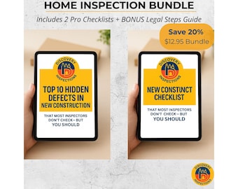 May include: A home inspection bundle advertisement featuring two tablets displaying checklists. The tablets are held by hands. The first tablet reads "Top 10 Hidden Defects in New Construction." The second tablet reads "New Construct Checklist."