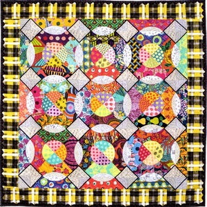 May include: A colourful quilt with a geometric pattern of circles and squares. The quilt is made of various fabrics with different patterns and colours, including red, blue, green, yellow, and white. The quilt is bordered by a black and yellow plaid fabric.