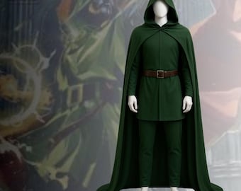 Doctor Doom Cosplay Costume: Green Hooded Cape, Tunic & Pants