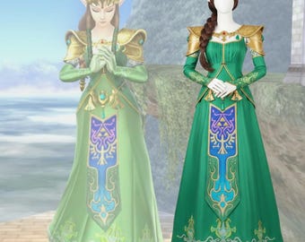 Vestido real verde inspirado en la princesa Zelda / Vestido de cosplay de reina elfa de fantasía / Disfraz de videojuego RPG