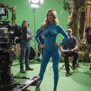 May include: A woman in a blue bodysuit with a patterned design, standing on a film set. The bodysuit has long sleeves and a high neckline. The background includes film equipment, crew members, and a green screen.