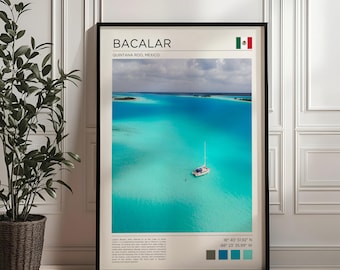 Póster de viaje de Bacalar, México / Arte de la Laguna de los Siete Colores