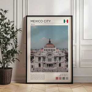 Può includere: Stampa incorniciata raffigurante il Palacio de Bellas Artes a Città del Messico. L'immagine include il testo "MEXICO CITY" e la bandiera messicana. L'edificio ha una cupola di rame. Le coordinate sono 19° 25' 42.49" N, -99° 07' 39.58" W.