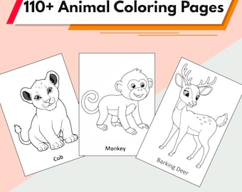 Puede incluir: Tres páginas para colorear animales en blanco y negro, con un cachorro, un mono y un ciervo. El texto "110+ Animal Coloring Pages" se muestra en la parte superior de la imagen sobre un fondo rojo y naranja.