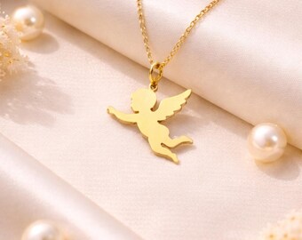 Sterling Silver Angel Pendant Necklace | Dainty Cupid, Romantic Gift
