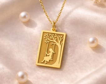 Sterling Silver Girl on Swing Necklace | Tree Silhouette Pendant
