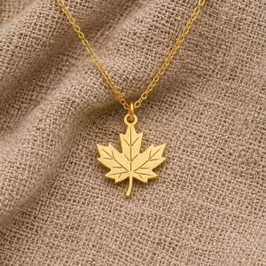May include: A gold-toned necklace featuring a maple leaf pendant suspended from a delicate chain. The pendant is shaped like a five-pointed maple leaf with etched vein details on its surface, connected to the chain by a small circular jump ring.