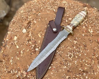 Handmade Damascus Steel Athame Knife Medieval Hunting Birthday Gift Resin Handle