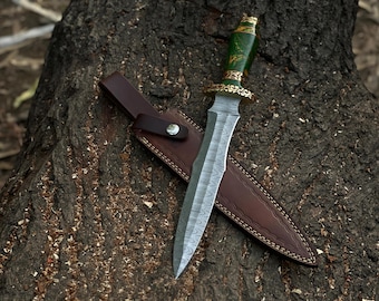 Handmade Damascus Steel Athame Knife: Resin Handle, Leather Sheath
