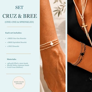 May include: A set of Cruz and Bree bracelets featuring 14K gold-filled 2.5mm beads, Miyuki Delica Japanese beads, and 8x8mm coral cross charms. The set includes one One-One bracelet, one Sprinkled bracelet, and one Cruz bracelet in various colors.