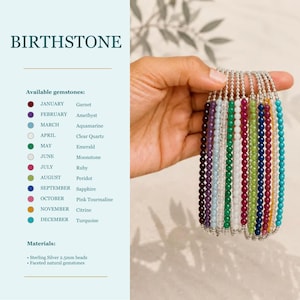 May include: A collection of beaded bracelets featuring faceted natural gemstones and 2.5mm sterling silver beads. The image includes a birthstone chart listing January through December with corresponding gemstone colors and names like Garnet and Turquoise.
