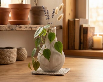 Japandi Ribbed Vase | Minimalist Architectural Home Decor | Modern Tabletop Accent for Shelf or Centerpiece