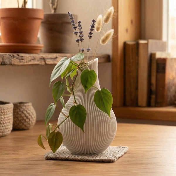 Japandi Ribbed Vase | Minimalist Architectural Home Decor | Modern Tabletop Accent for Shelf or Centerpiece