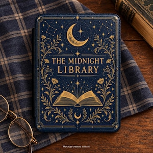 May include: A dark blue e-reader case featuring gold foil illustrations of a crescent moon, stars, constellations, and floral vines. The text THE MIDNIGHT LIBRARY is printed in gold above an illustration of an open book.