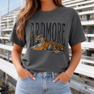 A person wearing a dark gray t-shirt with "ARDMORE" in black distressed letters above a lying tiger graphic, standing outdoors with stadium bleachers in the background.