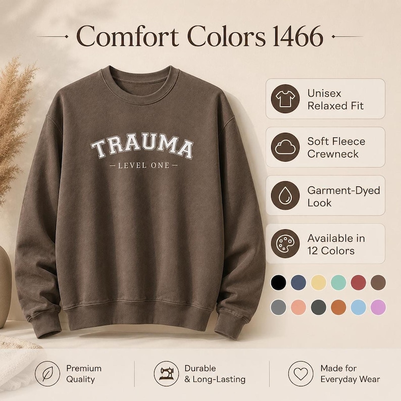 Infographic showing a brown crewneck sweatshirt with details about features and available colors.