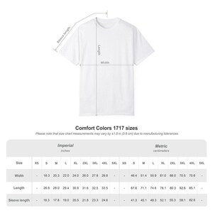 A white graphic shows a t-shirt with arrows pointing to its width, length, and sleeve length, above a size chart with Imperial and Metric measurements for sizes XS to 5XL.
