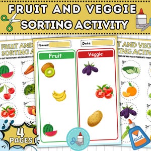 Puede incluir: Una colorida hoja de actividades educativas titulada "FRUIT AND VEGGIE SORTING ACTIVITY". La hoja presenta ilustraciones de frutas y verduras, incluyendo un kiwi, plátanos, berenjena y tomates. El diseño incluye espacios para clasificar y pegar, con la palabra "GLUE" visible.
