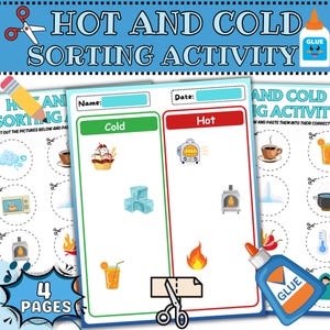 Puede incluir: Una colorida hoja de trabajo educativa titulada "Actividad de clasificación de calor y frío". La hoja de trabajo presenta ilustraciones de elementos categorizados como calientes o fríos, con espacios para cortar y pegar. Incluye un bote de pegamento y tijeras.
