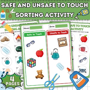 Puede incluir: Actividad de clasificación educativa con el texto "SAFE AND UNSAFE TO TOUCH SORTING ACTIVITY". La actividad incluye imágenes de objetos para clasificar en categorías seguras e inseguras. Incluye un bote de pegamento, tijeras y un lápiz.
