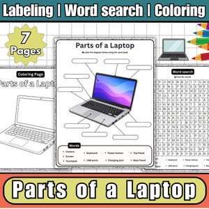 以下が含まれることがあります： 「Parts of a Laptop」というタイトルの教育用ワークシートで、ラベル付け、単語検索、塗り絵の活動があります。画像には、ラベル付きのラップトップ図、単語バンク、単語検索パズルが表示されています。7ページが含まれています。