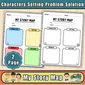 May include: Two "My Story Map" worksheets with sections for characters, setting, problem, and solution. The worksheets are white with colorful boxes and text. A "2 Page" badge is visible. The bottom banner reads "My Story Map".