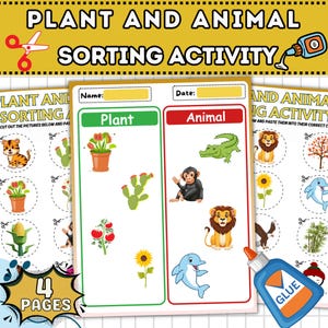 May include: A colorful educational activity sheet titled "PLANT AND ANIMAL SORTING ACTIVITY." The sheet features illustrations of plants and animals for sorting, with the words "Plant" and "Animal" in green and red boxes. Includes a glue bottle.