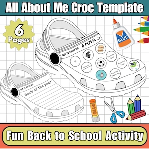 Puede incluir: Una hoja de actividades All About Me Croc Template con dos zuecos en dibujo lineal con espacios para detalles personales como edad, color favorito y metas. Incluye ilustraciones de pegamento, tijeras y lápices de colores sobre una cuadrícula.