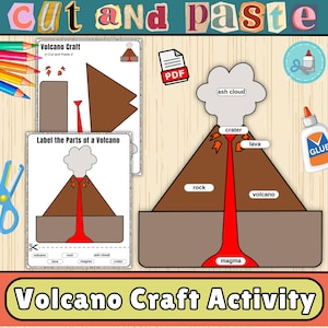 Puede incluir: Una actividad de manualidades de volcanes. La imagen muestra un diagrama de un volcán con etiquetas, un icono PDF, tijeras, pegamento y lápices de colores. Las palabras "Cut and Paste" están en la parte superior y "Volcano Craft Activity" en la parte inferior.