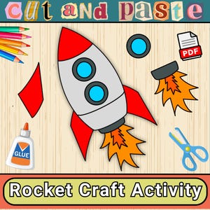 May include: A colorful illustration of a rocket craft activity. The image includes a rocket ship, pencils, glue, scissors, and the text "Cut and Paste" and "Rocket Craft Activity".