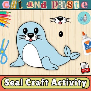 May include: A cartoon seal in light blue with a white belly, black eyes, and whiskers. The image features the text "Cut and Paste" and "Seal Craft Activity". Other elements include scissors, glue, and coloured pencils, suggesting a craft project.